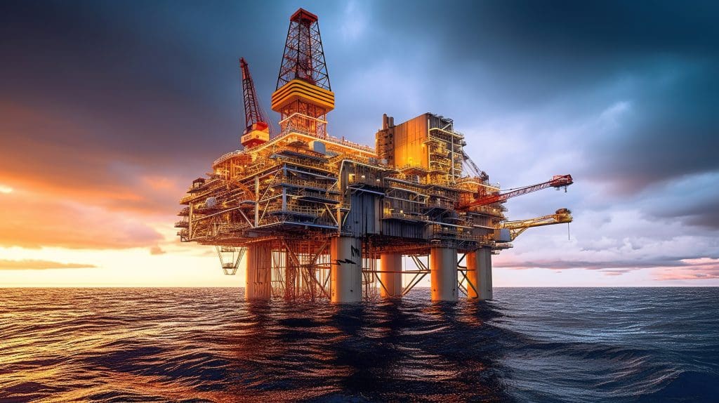 An illuminated offshore oil rig stands in the ocean at sunset, with dramatic clouds in the sky and light reflecting on the water.