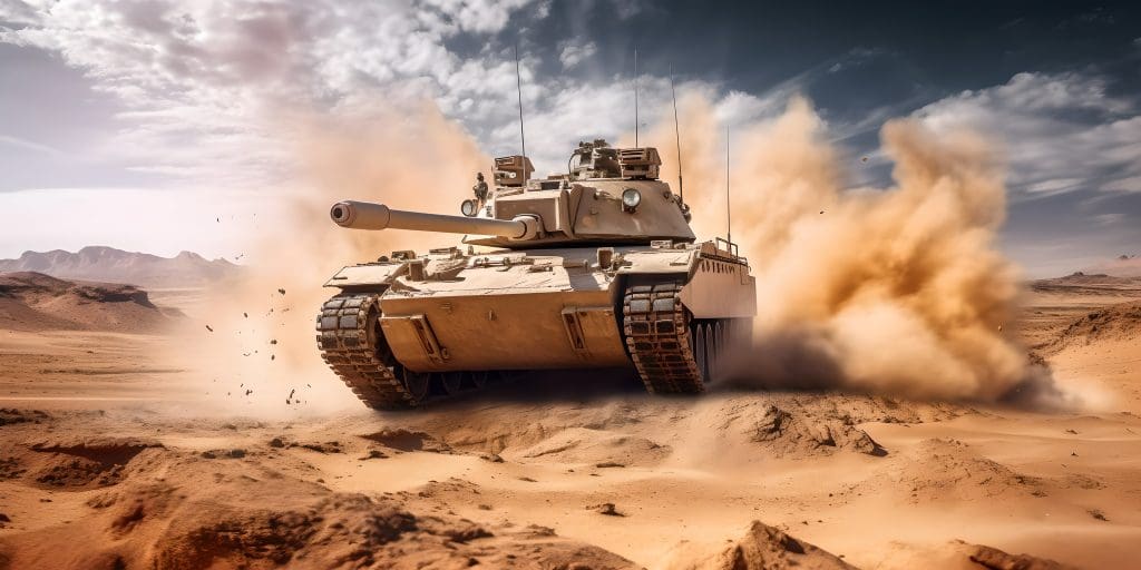 A tan military tank moves rapidly through a sandy desert, kicking up clouds of dust under a partly cloudy sky with distant mountains in the background.