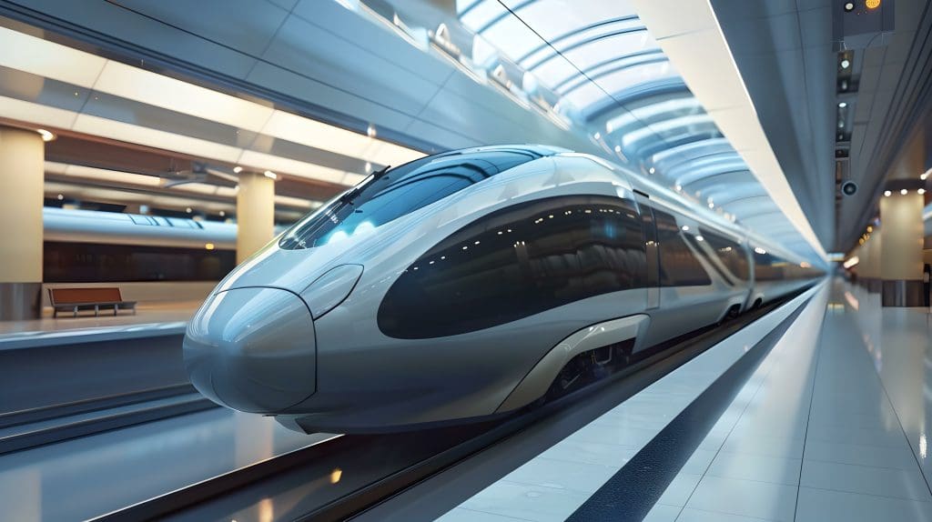 A sleek, modern high-speed train with a streamlined design waits at a brightly lit, futuristic train station with glass ceilings and empty platforms.