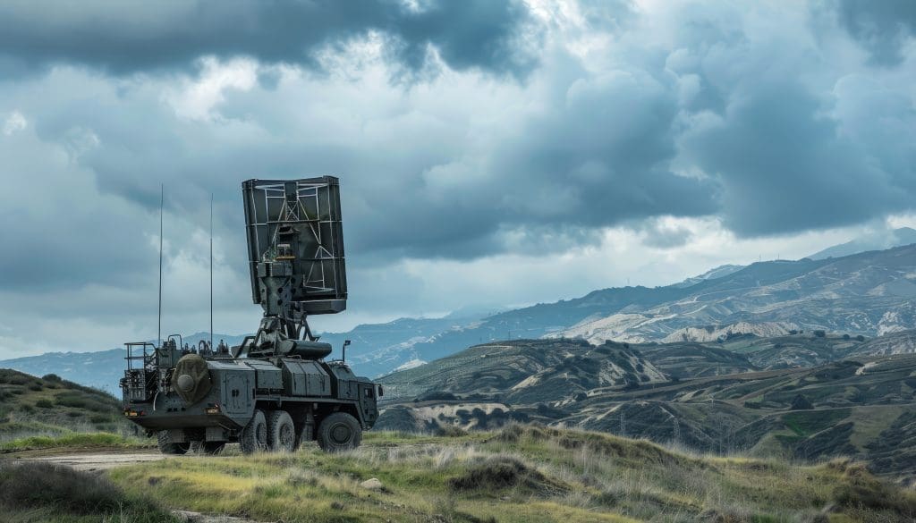 A military radar vehicle with an elevated radar array is parked on a grassy hill under a cloudy sky, with mountains and valleys visible in the background.