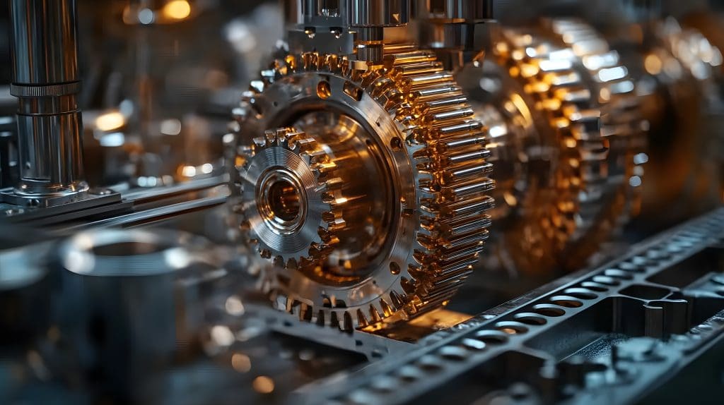 Close-up of shiny, metallic gears and cogs interlocking in a complex mechanical assembly, reflecting warm light, showcasing the intricate details of an industrial machine or engine component.
