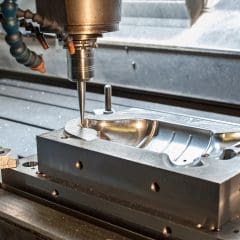 A CNC milling machine is cutting a detailed metal mold, with coolant hoses and metal shavings visible around the work area in an industrial setting.