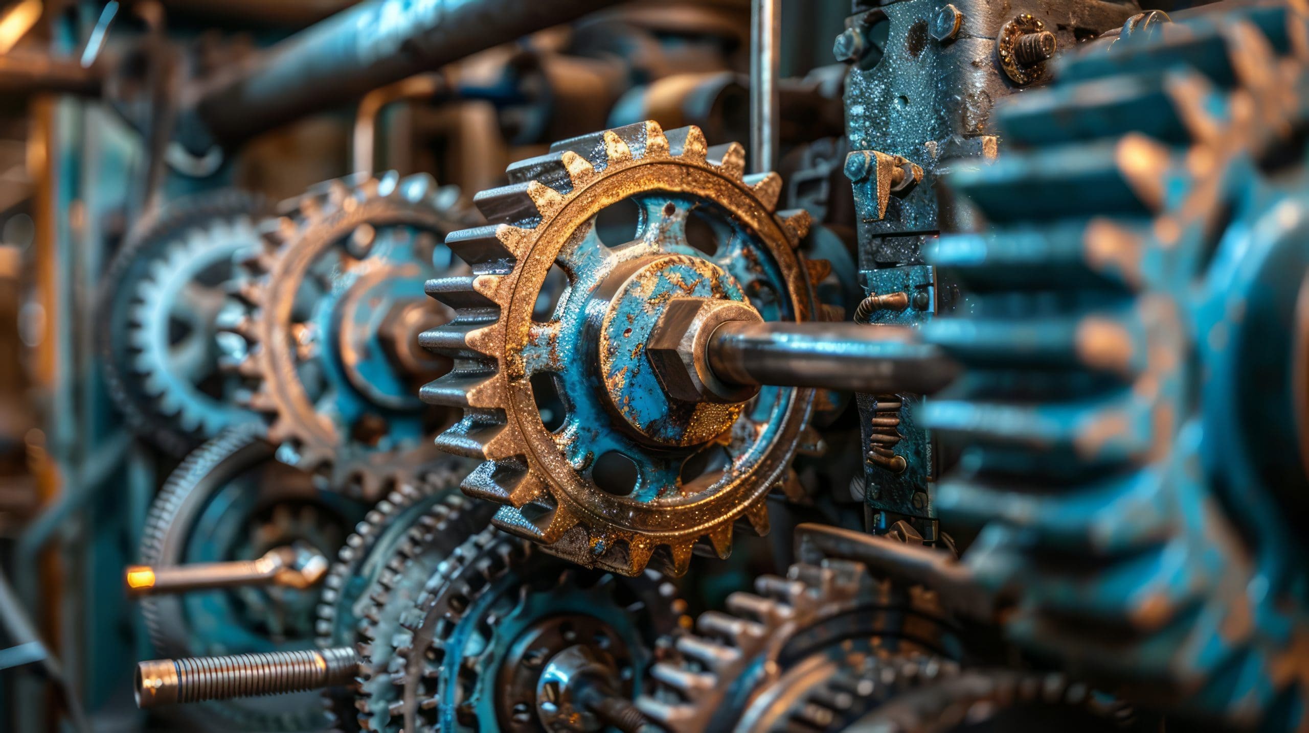 Close-up view of several interlocking, rusted blue metal gears and cogs in a mechanical device, highlighting the intricate details and worn texture of the machinery.