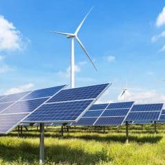 Rows of solar panels in a green field with several large wind turbines in the background, all under a blue sky with scattered clouds, illustrating renewable energy sources.