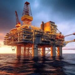 An illuminated offshore oil rig stands on stilts above the ocean at sunset, with dramatic clouds in the sky and the calm water reflecting the rig's lights.