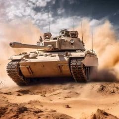A military tank drives through a desert, kicking up a large cloud of dust and sand under a partly cloudy sky. The landscape is barren with distant mountains in the background.