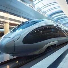 A sleek, modern high-speed train with a streamlined design is parked at an empty, futuristic station with large glass ceilings and bright, ambient lighting.